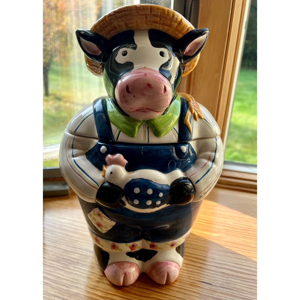 Tabletops Unlimited Ceramic Cow Farmer Cookie Jar with Chicken Straw Hat 12"x6"